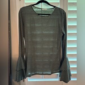 Andthewhy Striped Bell Sleeve Top- olive green and cream stripes